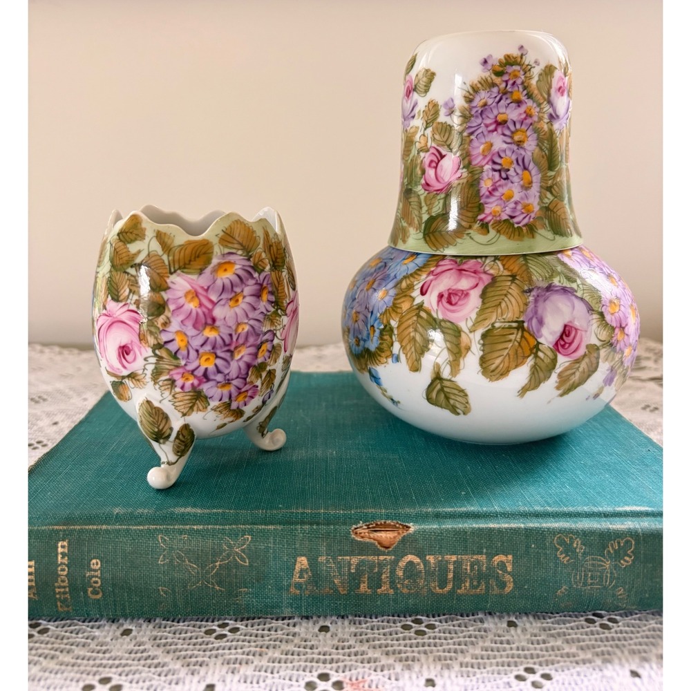 Limoges France Hand Painted Floral Porcelain Tumble Up Bedside Carafe & Egg Cup